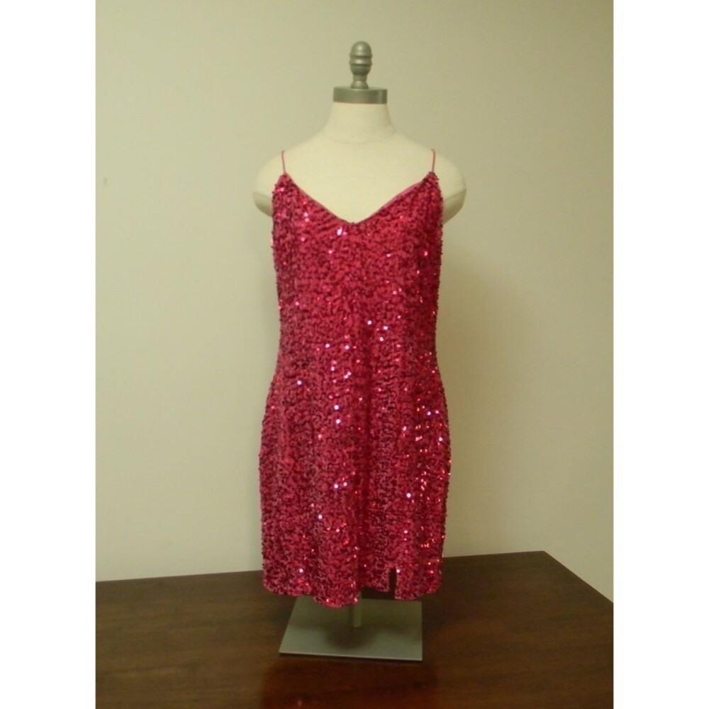 Francesca's Hot Pink Velvet Sequined Dress Back Detail Strech Prom HOCO Med NWT